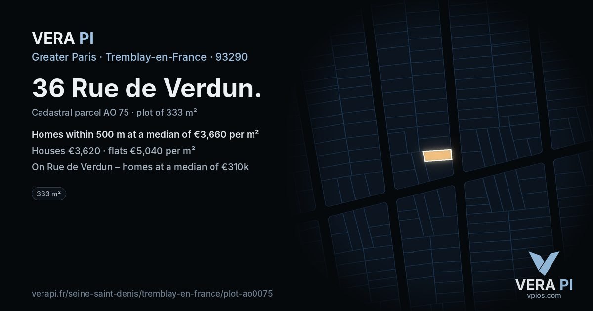 36 Rue de Verdun, Tremblay-en-France at night – the plot lit, the parcels around coloured by the prices near them