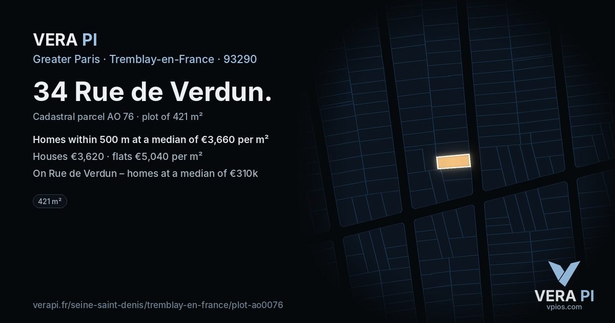 34 Rue de Verdun, Tremblay-en-France at night – the plot lit, the parcels around coloured by the prices near them