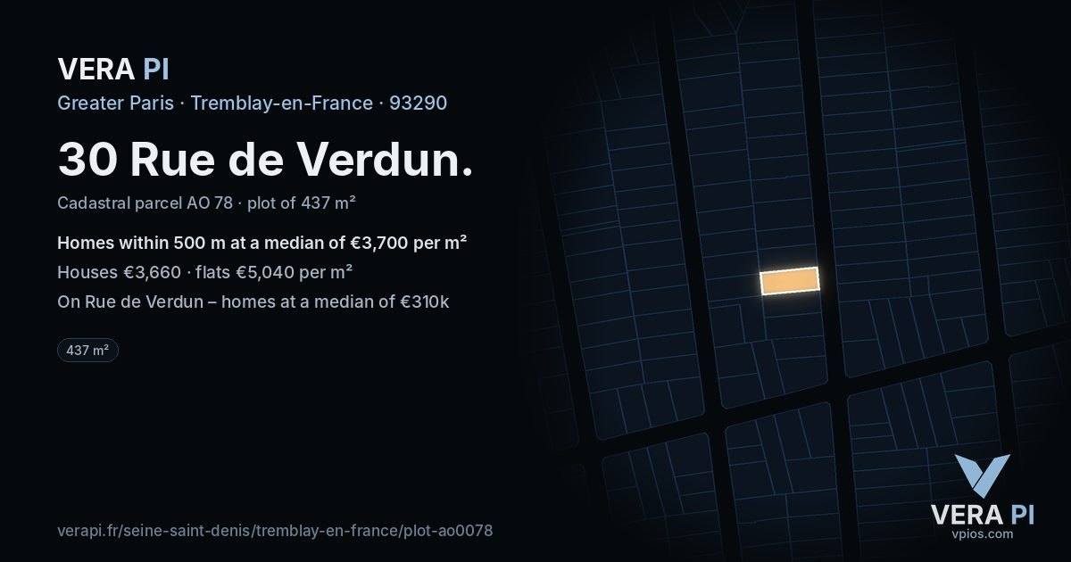 30 Rue de Verdun, Tremblay-en-France at night – the plot lit, the parcels around coloured by the prices near them