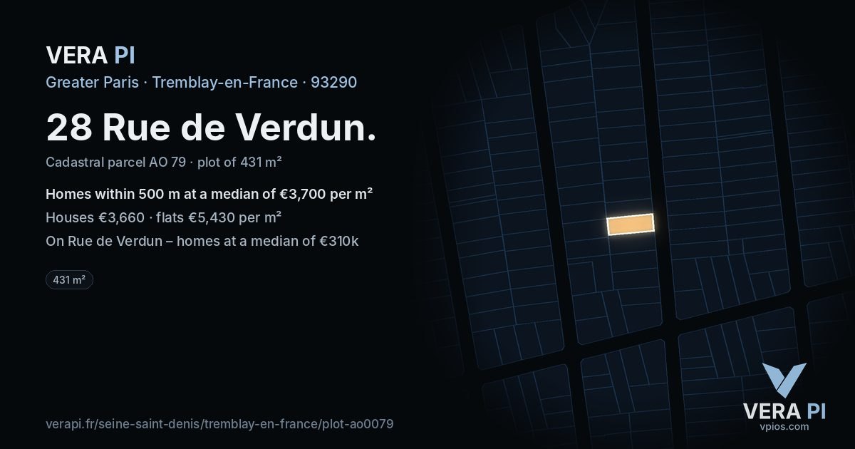 28 Rue de Verdun, Tremblay-en-France at night – the plot lit, the parcels around coloured by the prices near them