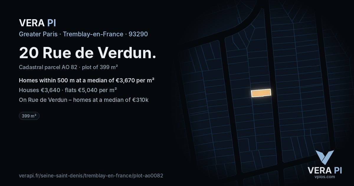 20 Rue de Verdun, Tremblay-en-France at night – the plot lit, the parcels around coloured by the prices near them