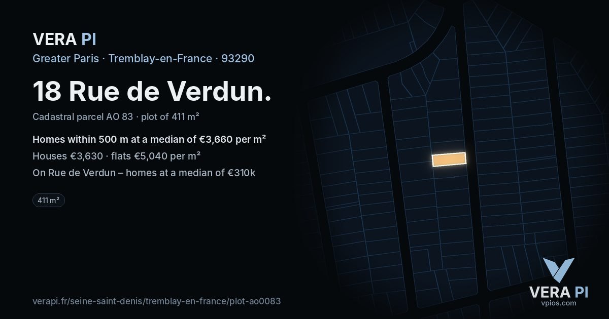 18 Rue de Verdun, Tremblay-en-France at night – the plot lit, the parcels around coloured by the prices near them