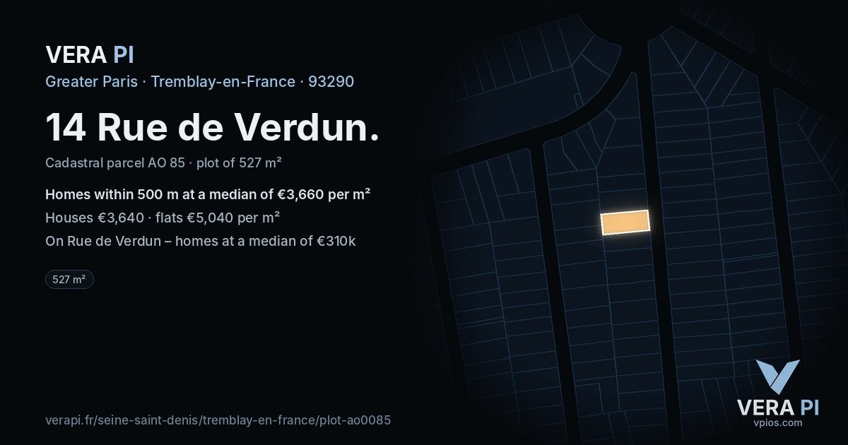 14 Rue de Verdun, Tremblay-en-France at night – the plot lit, the parcels around coloured by the prices near them