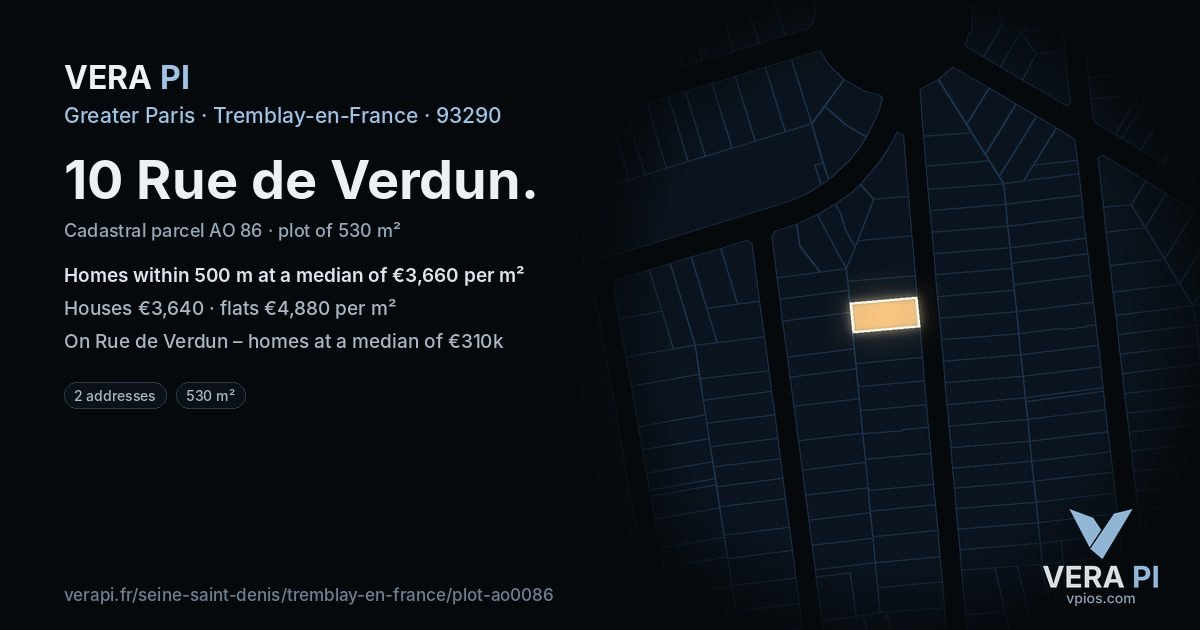 10 Rue de Verdun, Tremblay-en-France at night – the plot lit, the parcels around coloured by the prices near them