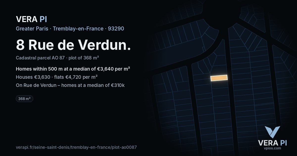 8 Rue de Verdun, Tremblay-en-France at night – the plot lit, the parcels around coloured by the prices near them
