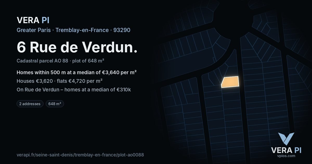 6 Rue de Verdun, Tremblay-en-France at night – the plot lit, the parcels around coloured by the prices near them