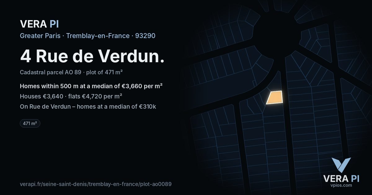4 Rue de Verdun, Tremblay-en-France at night – the plot lit, the parcels around coloured by the prices near them
