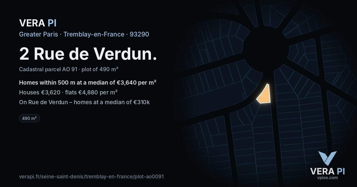 2 Rue de Verdun, Tremblay-en-France at night – the plot lit, the parcels around coloured by the prices near them