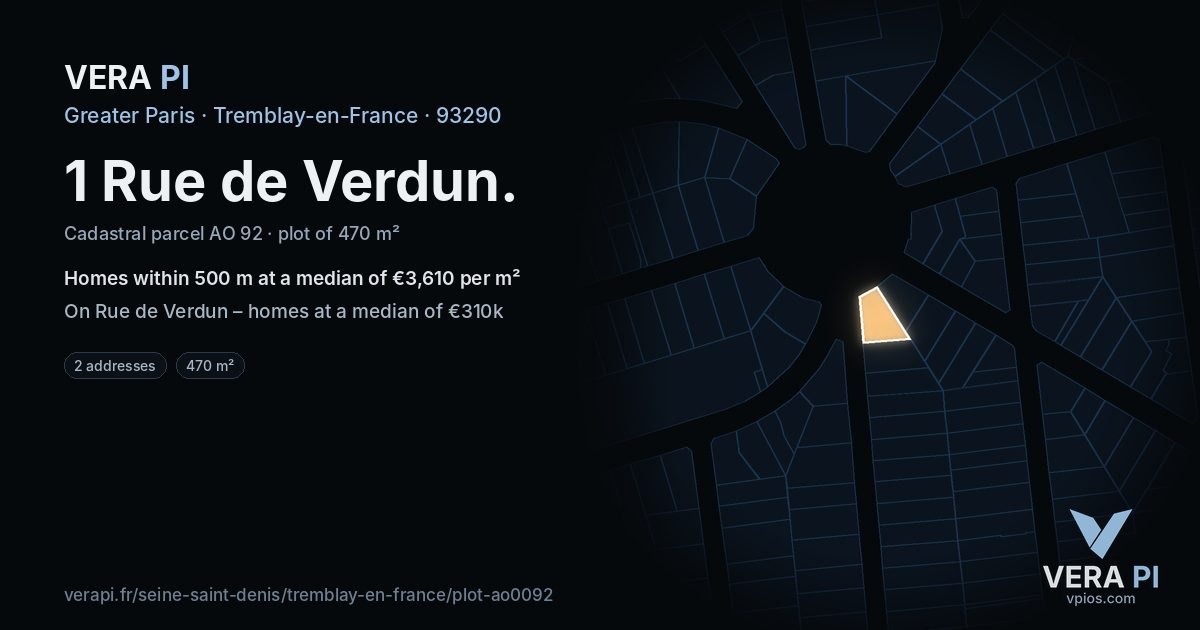 1 Rue de Verdun, Tremblay-en-France at night – the plot lit, the parcels around coloured by the prices near them