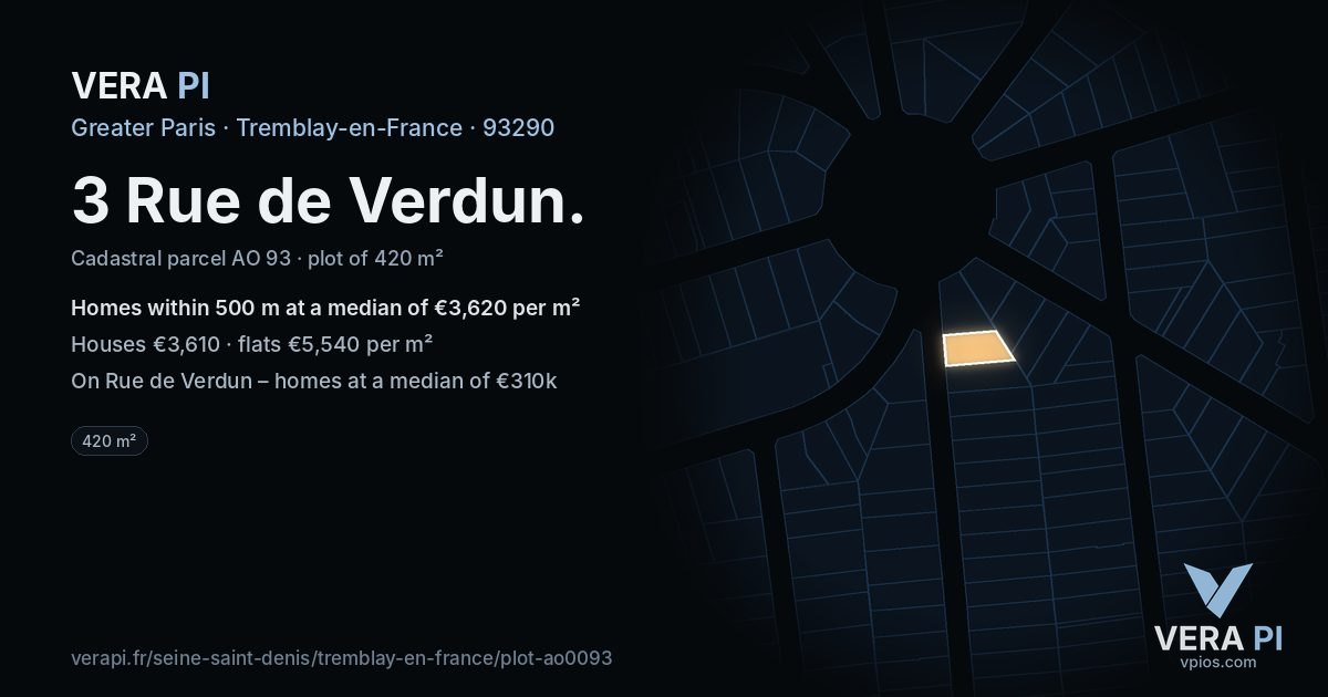 3 Rue de Verdun, Tremblay-en-France at night – the plot lit, the parcels around coloured by the prices near them
