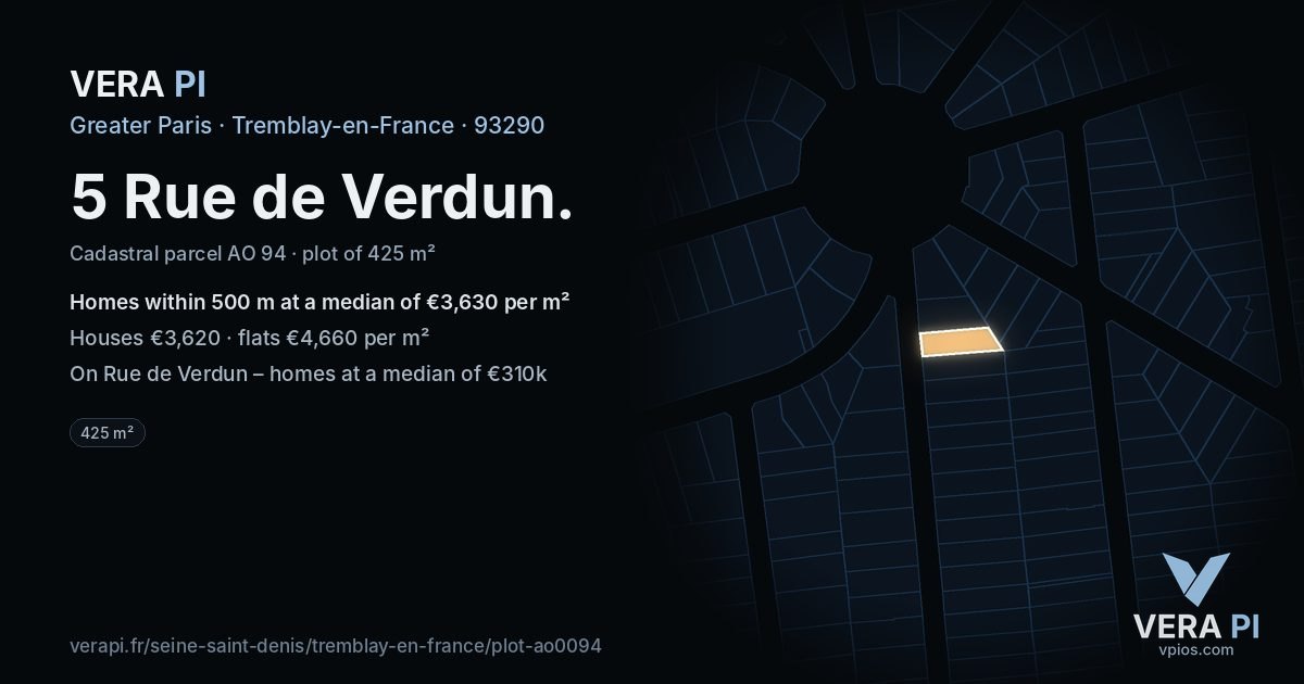 5 Rue de Verdun, Tremblay-en-France at night – the plot lit, the parcels around coloured by the prices near them