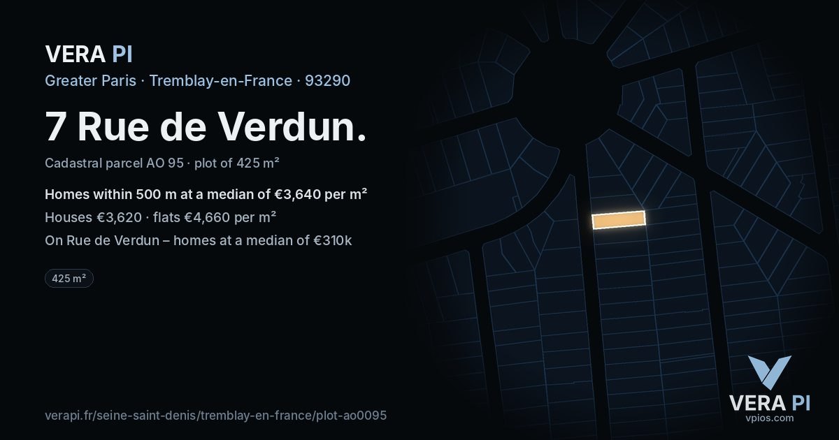 7 Rue de Verdun, Tremblay-en-France at night – the plot lit, the parcels around coloured by the prices near them