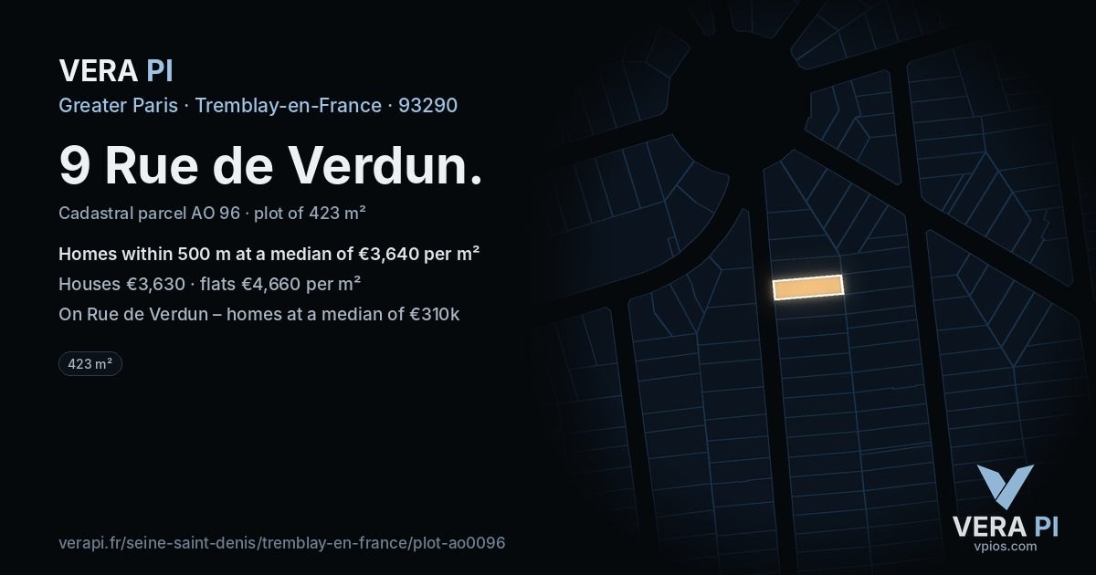 9 Rue de Verdun, Tremblay-en-France at night – the plot lit, the parcels around coloured by the prices near them