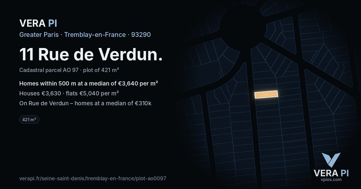 11 Rue de Verdun, Tremblay-en-France at night – the plot lit, the parcels around coloured by the prices near them