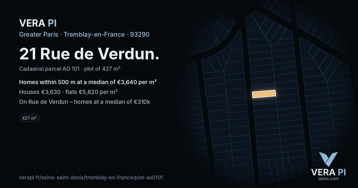 21 Rue de Verdun, Tremblay-en-France at night – the plot lit, the parcels around coloured by the prices near them