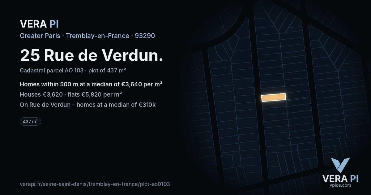 25 Rue de Verdun, Tremblay-en-France at night – the plot lit, the parcels around coloured by the prices near them