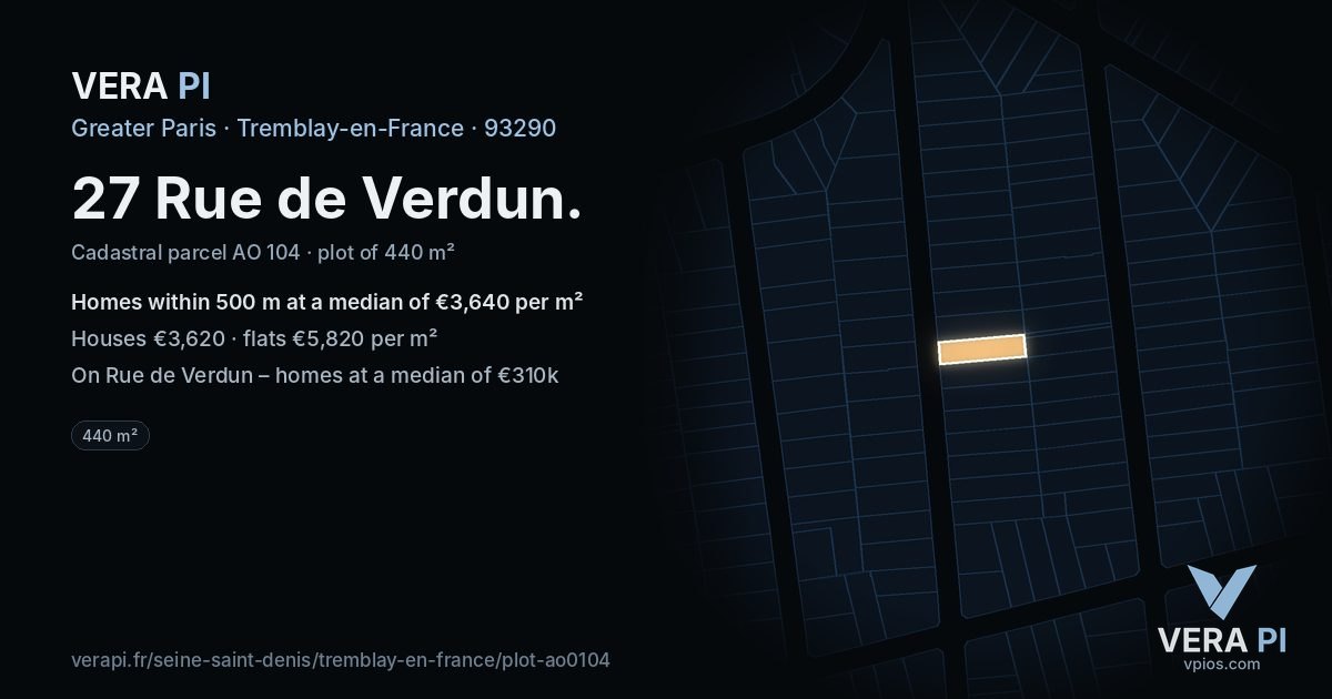 27 Rue de Verdun, Tremblay-en-France at night – the plot lit, the parcels around coloured by the prices near them