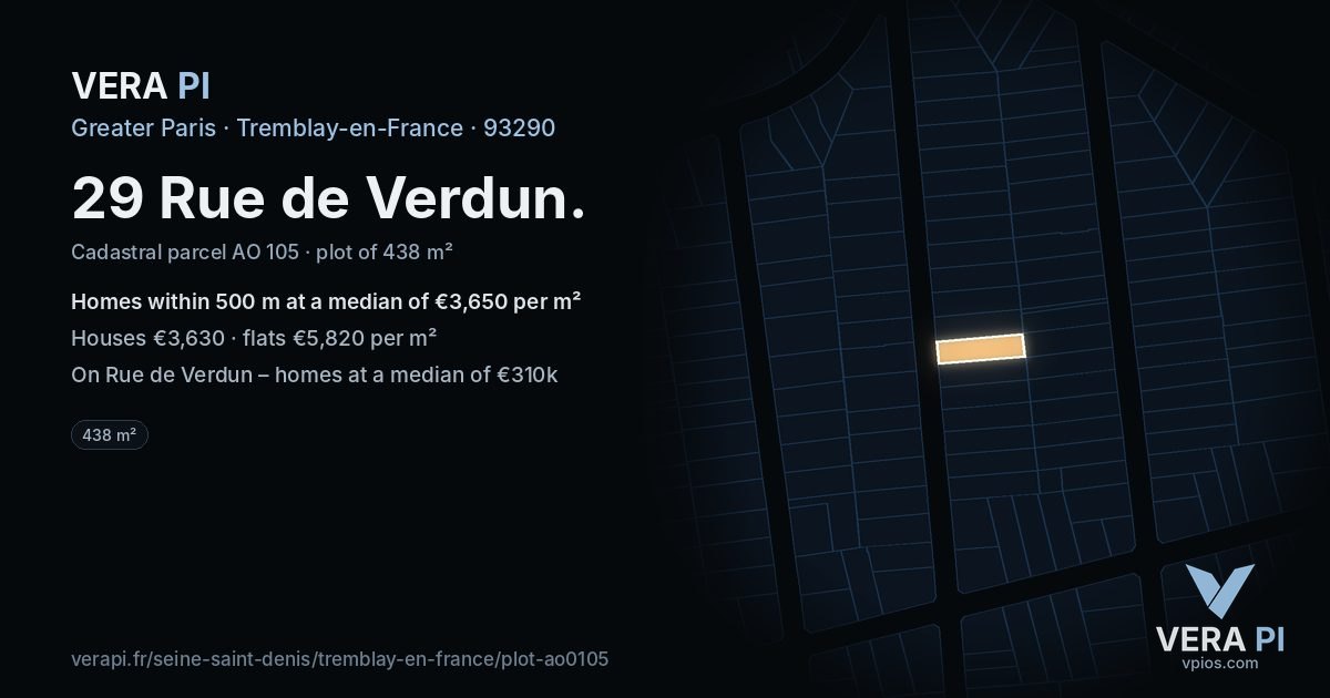 29 Rue de Verdun, Tremblay-en-France at night – the plot lit, the parcels around coloured by the prices near them