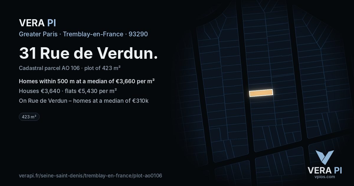 31 Rue de Verdun, Tremblay-en-France at night – the plot lit, the parcels around coloured by the prices near them