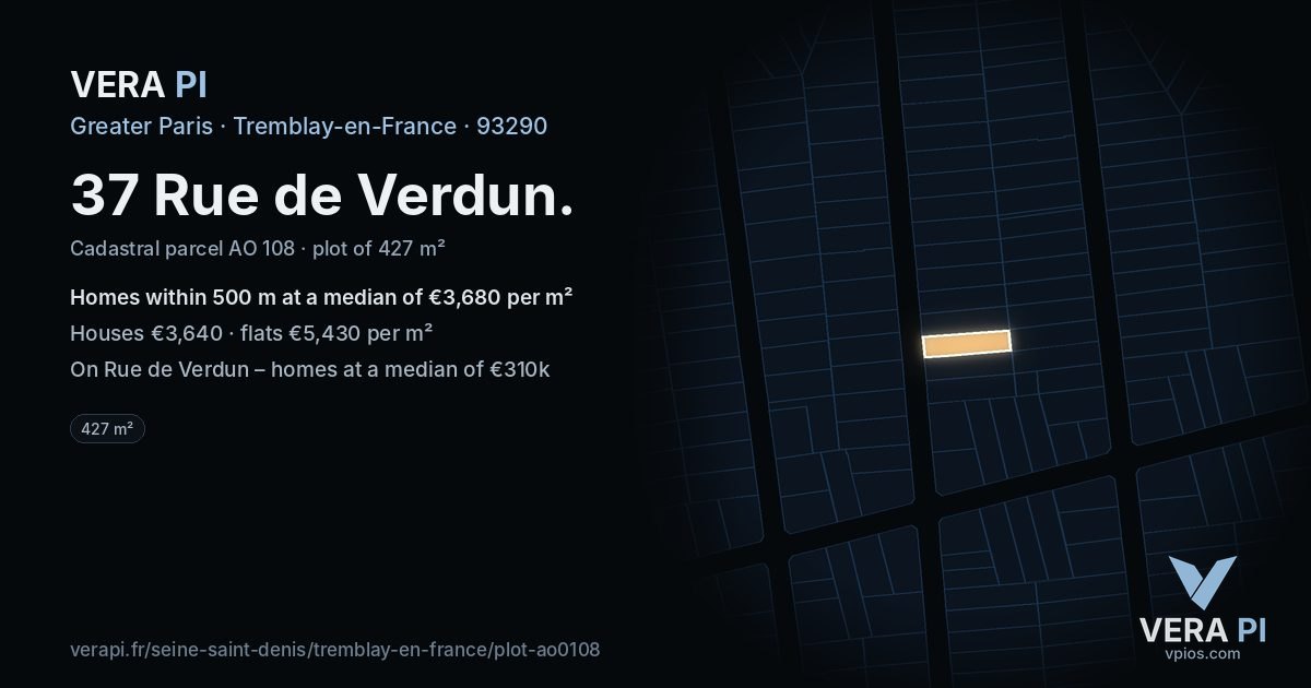 37 Rue de Verdun, Tremblay-en-France at night – the plot lit, the parcels around coloured by the prices near them