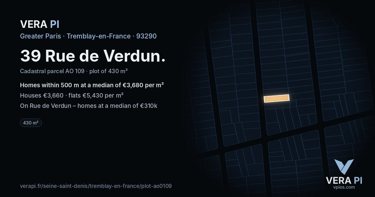 39 Rue de Verdun, Tremblay-en-France at night – the plot lit, the parcels around coloured by the prices near them