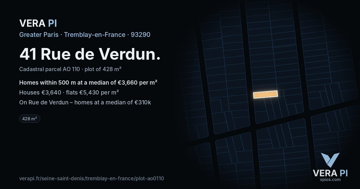 41 Rue de Verdun, Tremblay-en-France at night – the plot lit, the parcels around coloured by the prices near them