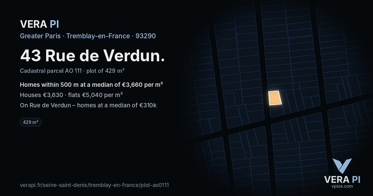 43 Rue de Verdun, Tremblay-en-France at night – the plot lit, the parcels around coloured by the prices near them