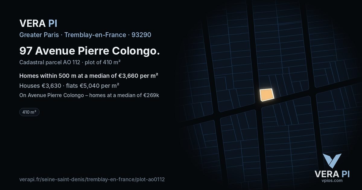97 Avenue Pierre Colongo, Tremblay-en-France at night – the plot lit, the parcels around coloured by the prices near them