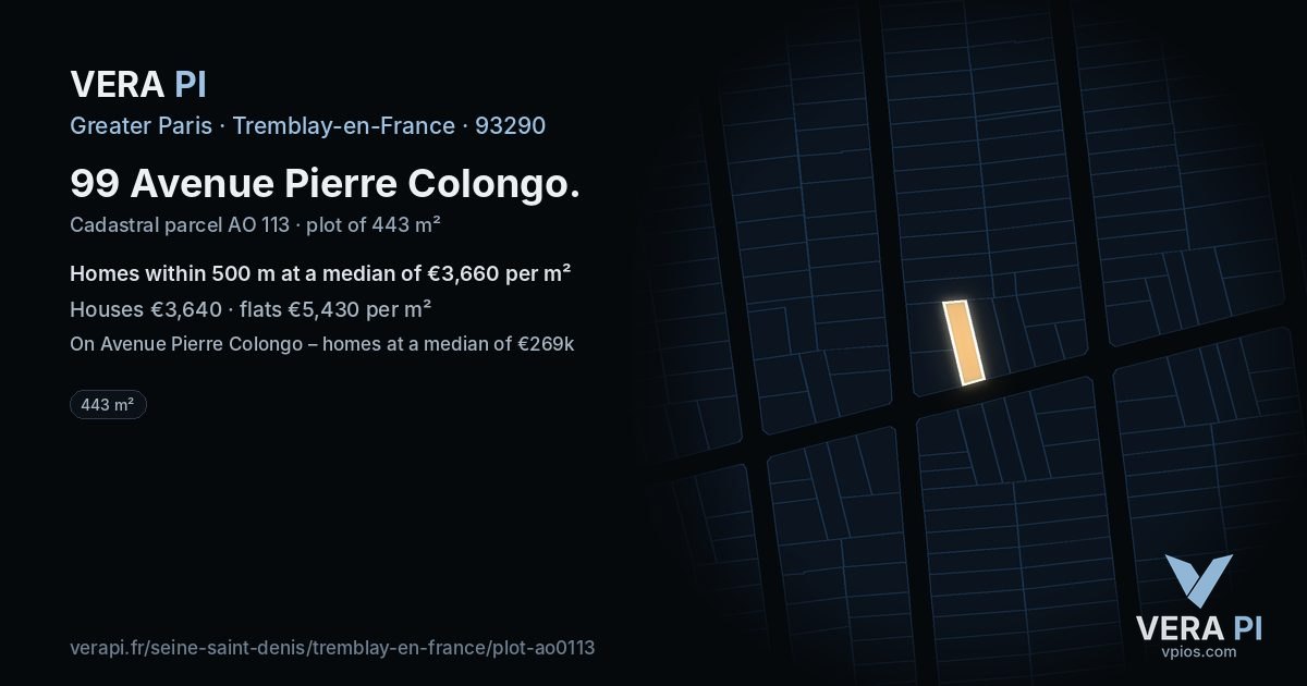 99 Avenue Pierre Colongo, Tremblay-en-France at night – the plot lit, the parcels around coloured by the prices near them