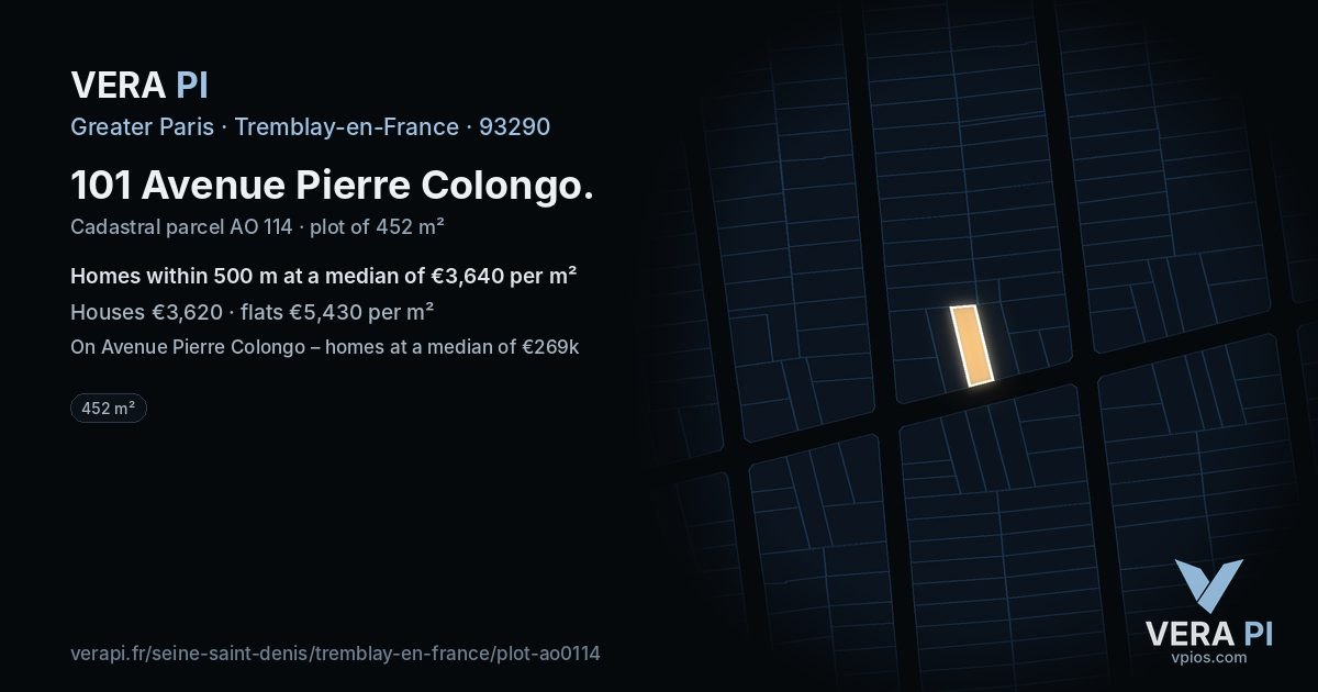 101 Avenue Pierre Colongo, Tremblay-en-France at night – the plot lit, the parcels around coloured by the prices near them