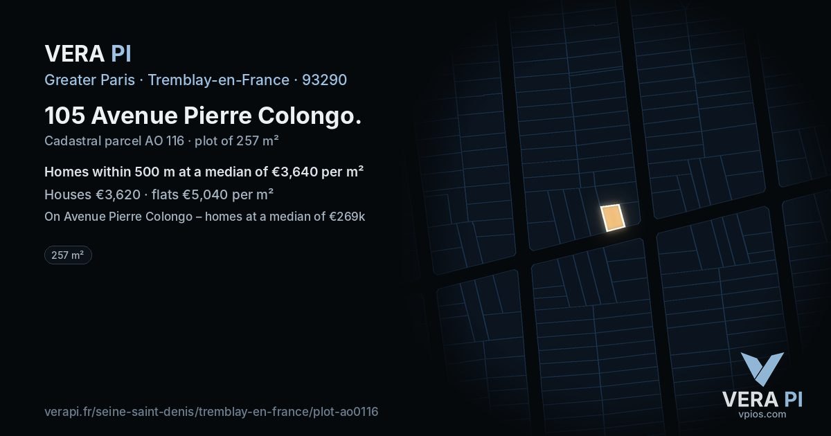 105 Avenue Pierre Colongo, Tremblay-en-France at night – the plot lit, the parcels around coloured by the prices near them