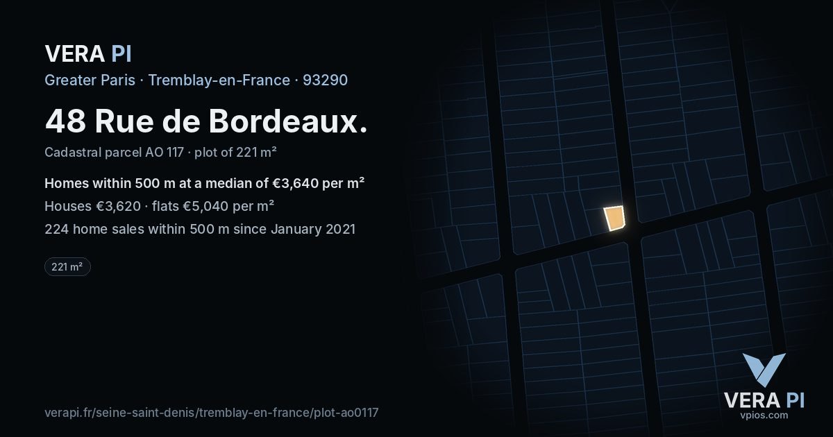 48 Rue de Bordeaux, Tremblay-en-France at night – the plot lit, the parcels around coloured by the prices near them