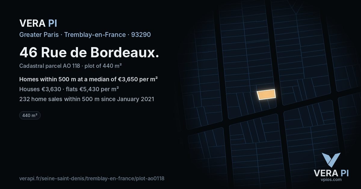46 Rue de Bordeaux, Tremblay-en-France at night – the plot lit, the parcels around coloured by the prices near them