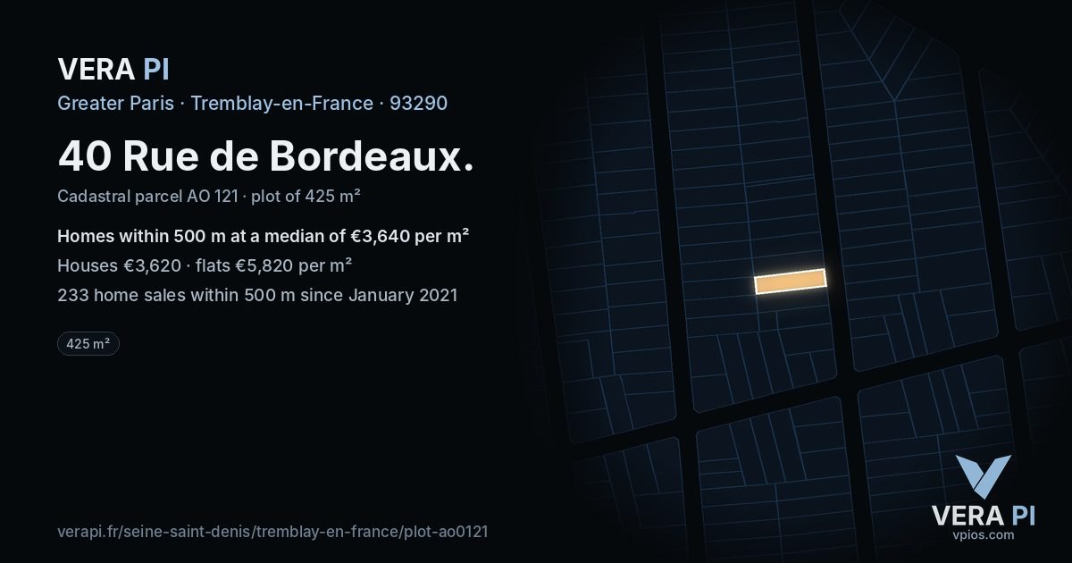 40 Rue de Bordeaux, Tremblay-en-France at night – the plot lit, the parcels around coloured by the prices near them