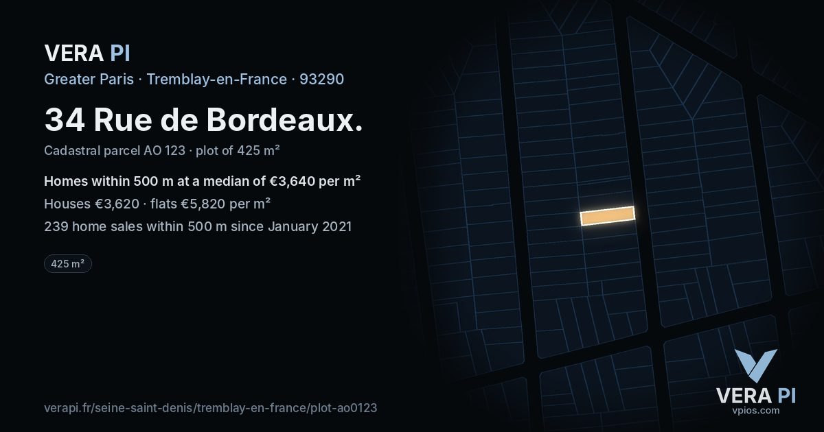 34 Rue de Bordeaux, Tremblay-en-France at night – the plot lit, the parcels around coloured by the prices near them