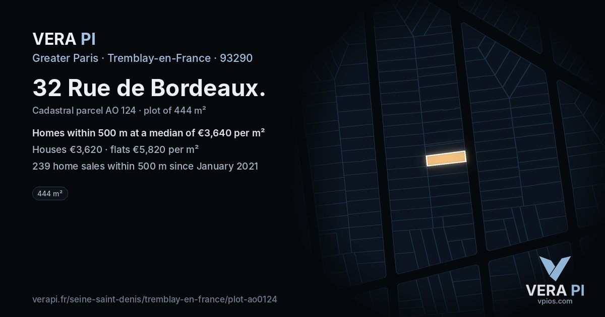 32 Rue de Bordeaux, Tremblay-en-France at night – the plot lit, the parcels around coloured by the prices near them