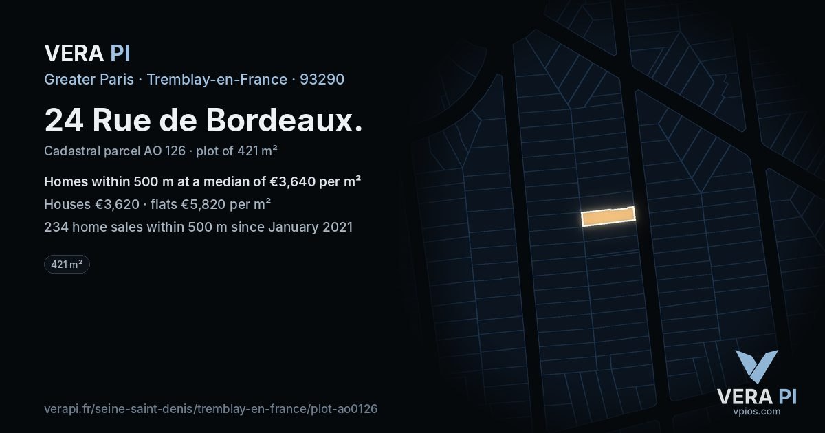 24 Rue de Bordeaux, Tremblay-en-France at night – the plot lit, the parcels around coloured by the prices near them