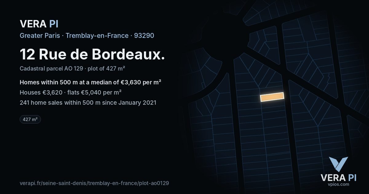 12 Rue de Bordeaux, Tremblay-en-France at night – the plot lit, the parcels around coloured by the prices near them
