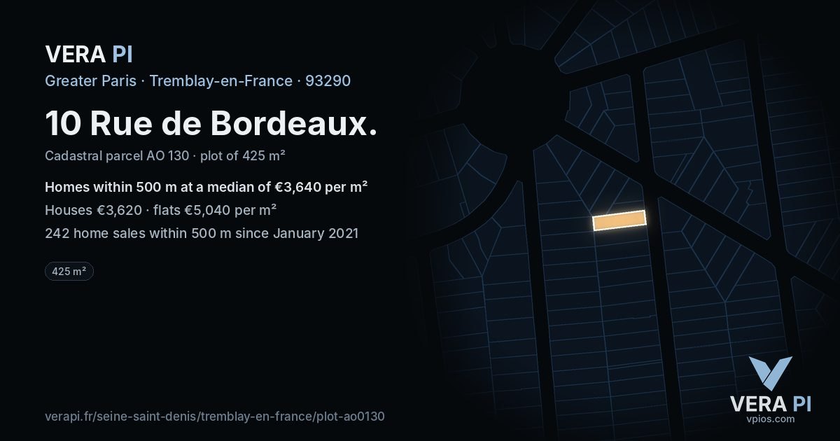 10 Rue de Bordeaux, Tremblay-en-France at night – the plot lit, the parcels around coloured by the prices near them