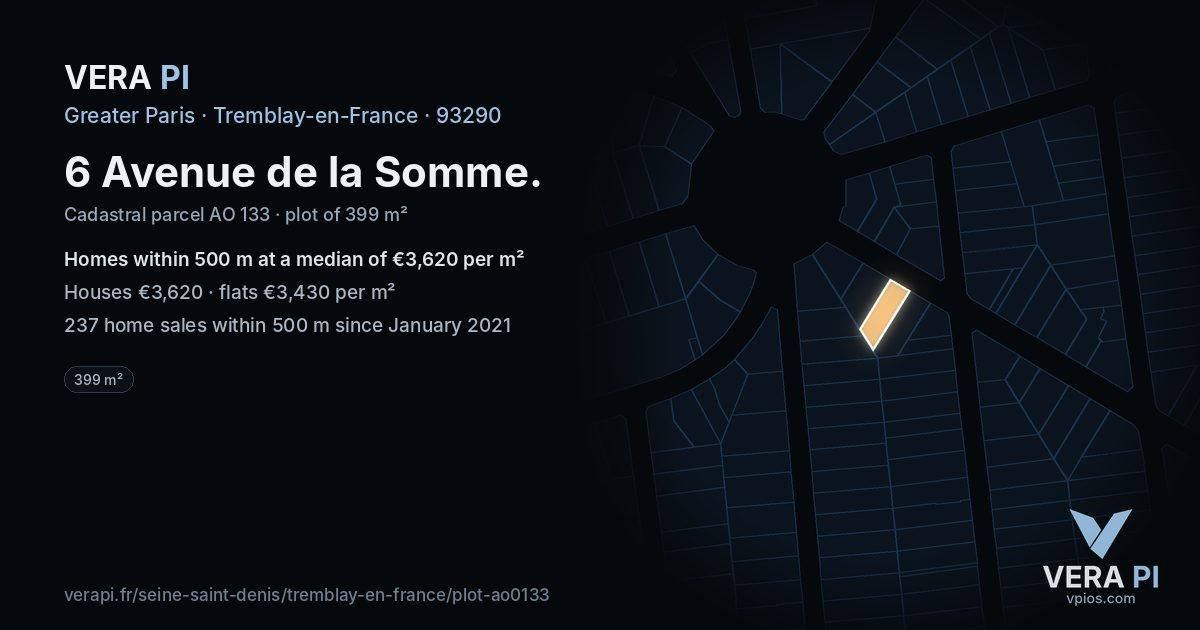 6 Avenue de la Somme, Tremblay-en-France at night – the plot lit, the parcels around coloured by the prices near them