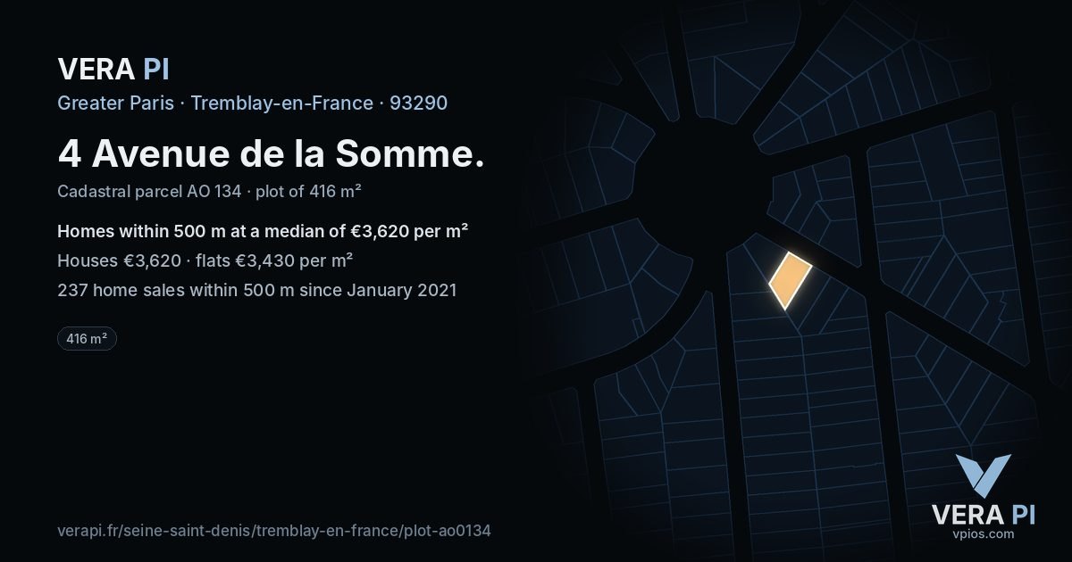 4 Avenue de la Somme, Tremblay-en-France at night – the plot lit, the parcels around coloured by the prices near them