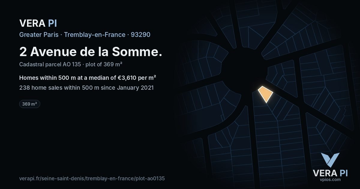 2 Avenue de la Somme, Tremblay-en-France at night – the plot lit, the parcels around coloured by the prices near them