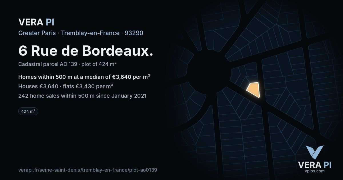 6 Rue de Bordeaux, Tremblay-en-France at night – the plot lit, the parcels around coloured by the prices near them