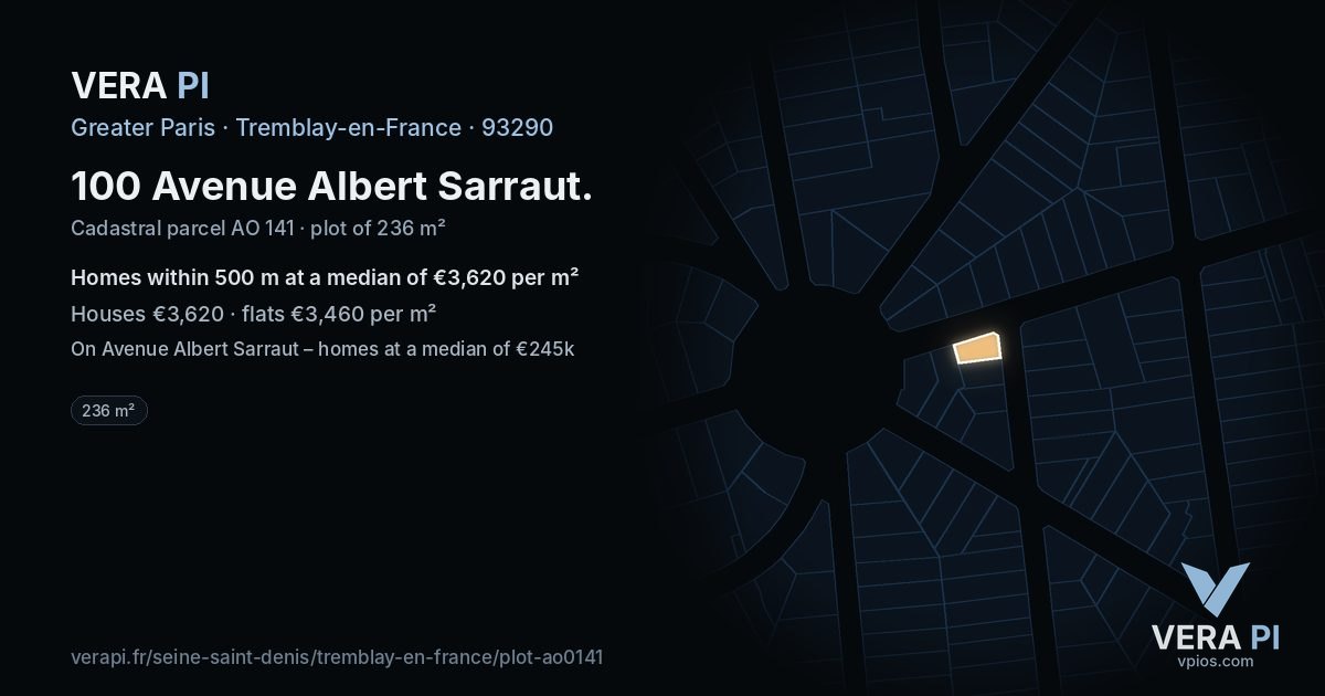 100 Avenue Albert Sarraut, Tremblay-en-France at night – the plot lit, the parcels around coloured by the prices near them
