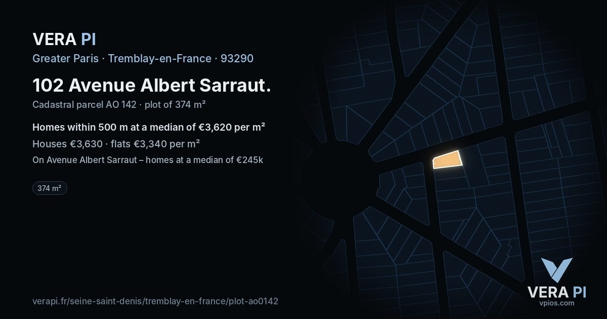 102 Avenue Albert Sarraut, Tremblay-en-France at night – the plot lit, the parcels around coloured by the prices near them