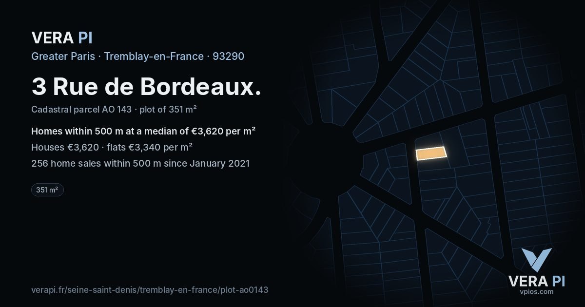 3 Rue de Bordeaux, Tremblay-en-France at night – the plot lit, the parcels around coloured by the prices near them