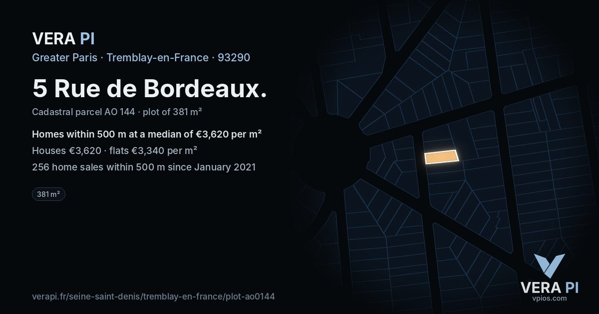 5 Rue de Bordeaux, Tremblay-en-France at night – the plot lit, the parcels around coloured by the prices near them