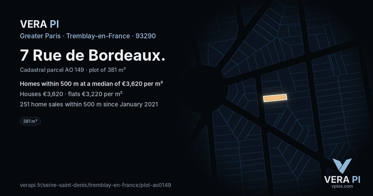 7 Rue de Bordeaux, Tremblay-en-France at night – the plot lit, the parcels around coloured by the prices near them