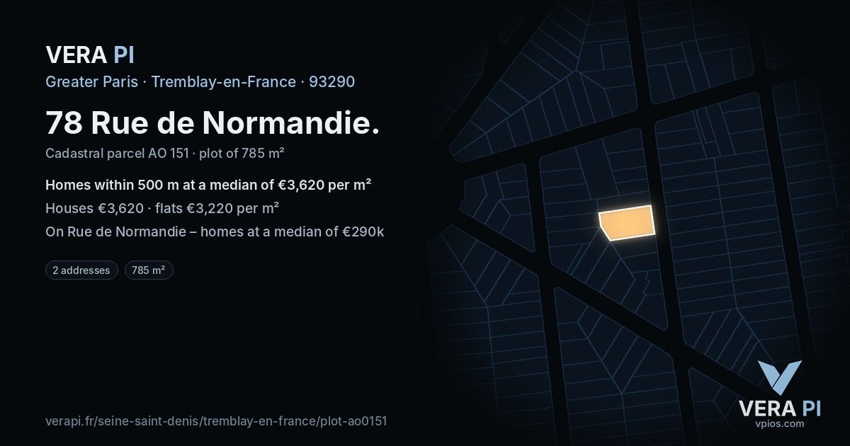 78 Rue de Normandie, Tremblay-en-France at night – the plot lit, the parcels around coloured by the prices near them