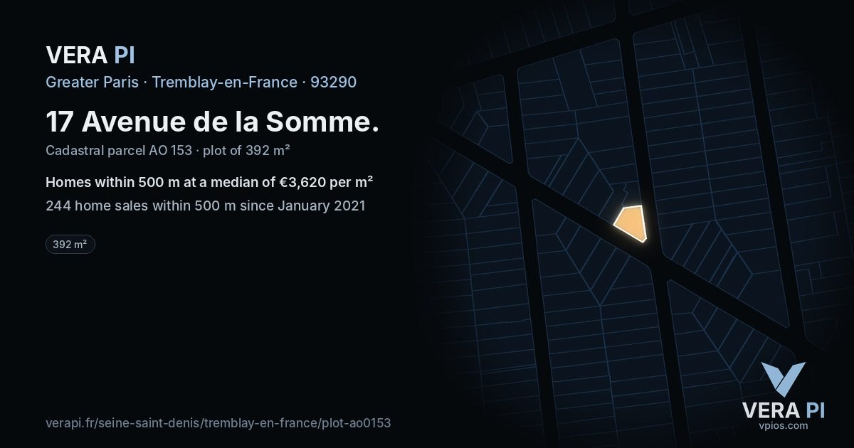 17 Avenue de la Somme, Tremblay-en-France at night – the plot lit, the parcels around coloured by the prices near them